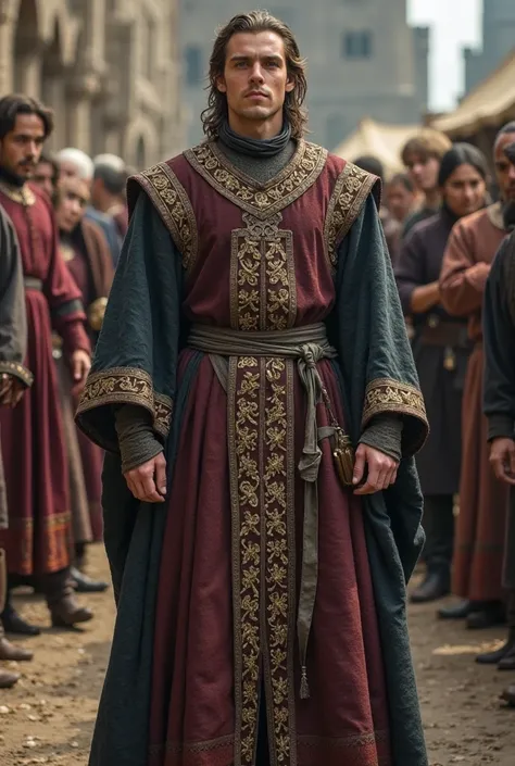 "Medieval men's dress, stylized for the era of the 13th-15th centuries. Long, loose cut, wide belt, deep sleeves with embroidery...