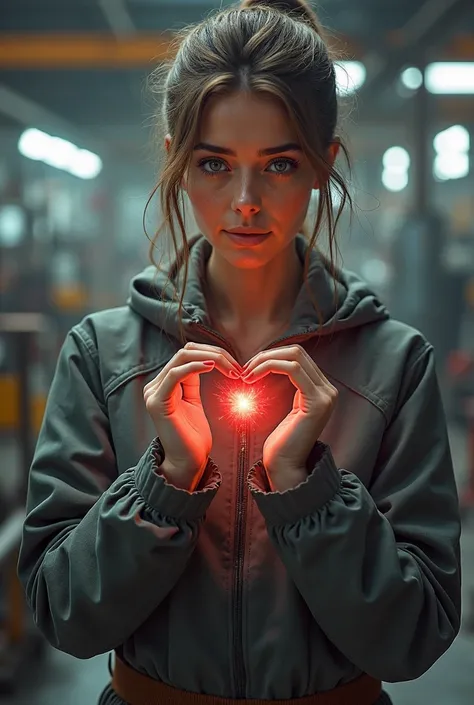 A busy woman in a factory making a heart with her hands, a photorealistic painting inspired by Ivan Meštrović,   pexels contest ...
