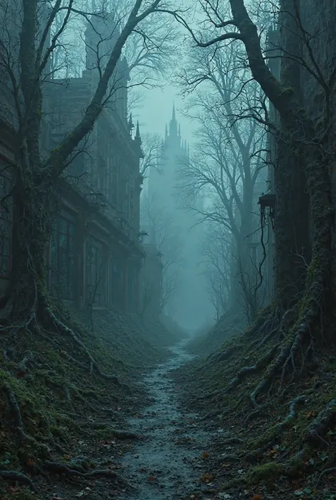 Old city,dark forest with moss, scary pathway, no people,dark night,foggy 
