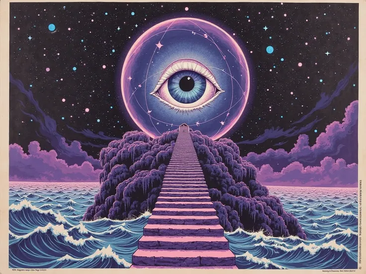A vintage concert poster of an all-seeing eye floating inside a crystal ball above the ocean, the crystal ball is at the top of ...