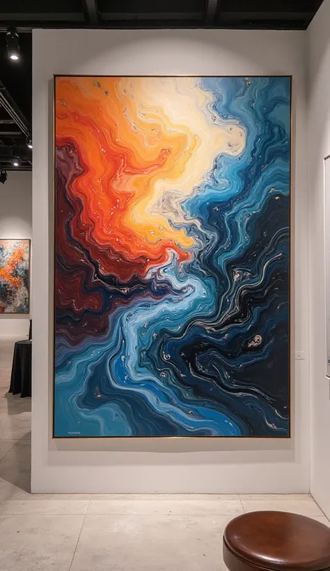 Front photo of Fluid Art Picture hanging a modern famous contemporary modern art gallery with design objects
