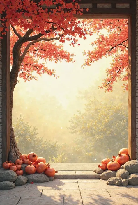 open background reminiscent of a traditional seasonal hanok yard, red pomegranate tree shadow + yellow citron orchard pattern,  ...
