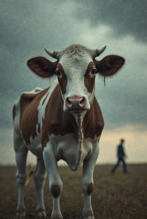 "The cow is standing alone with tears falling from its big, sad eyes. It looks heartbroken and rejected. The atmosphere is gloom...