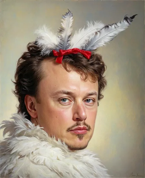 , is a man in white clothes with feathers and a red bow,  andrey ryabovichev, , Elon Musk, like a musketeer,  andrey ryabovichev...