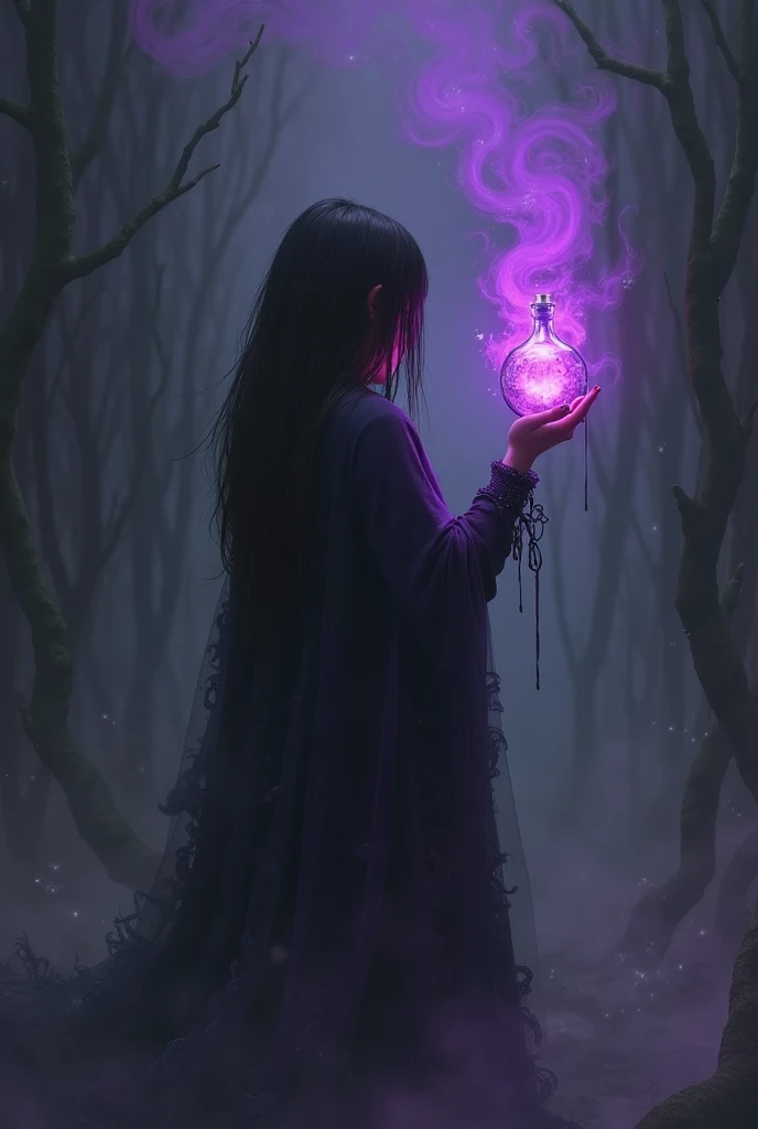 A girl from behind with black shadows around holding a tiny battle of a purple magic potion giving scary vibes in default style 