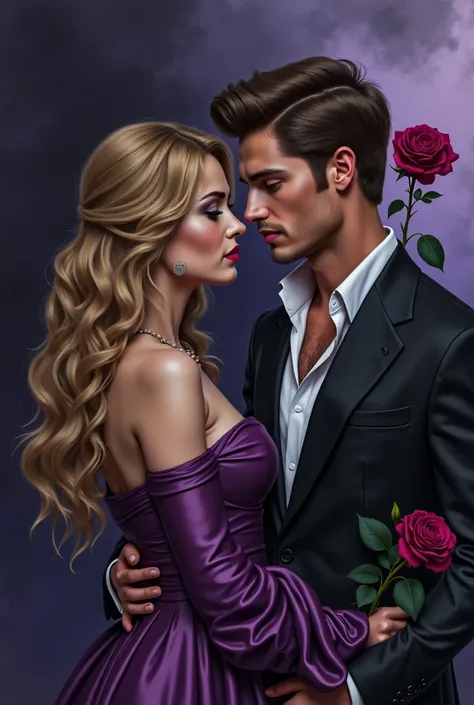 a couple.  a tall American man, short brown hair. A young blond woman. long wavy hair. looking at each other. 
 Book cover , Dar...