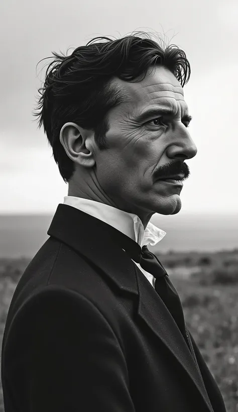 black and white, Image of Tesla looking at the horizon.