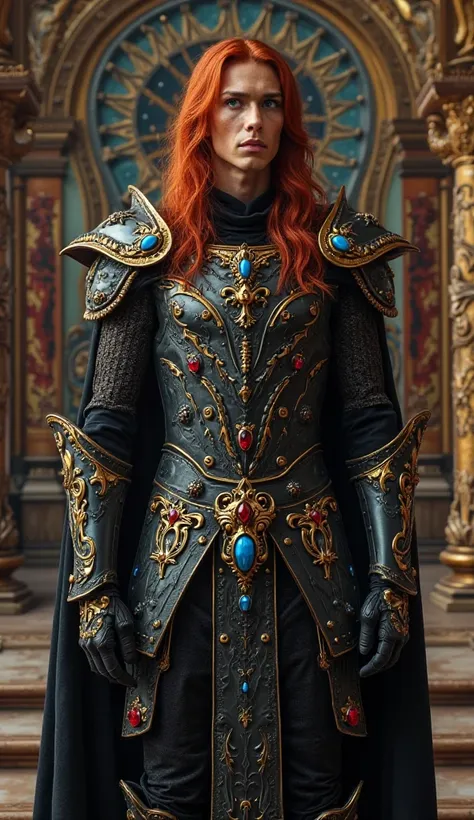 Lucifer,  An angel, standing, very pretty, male, 40 years. long red hair, blue eyes, golden asas, black armor , Full of blue and...