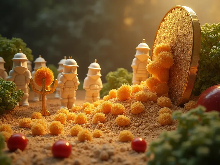 
8 "Immune system symbolized by weakened soldiers of light (stylized T cells) lying near a 'dam' of crystallized sugar, versus s...