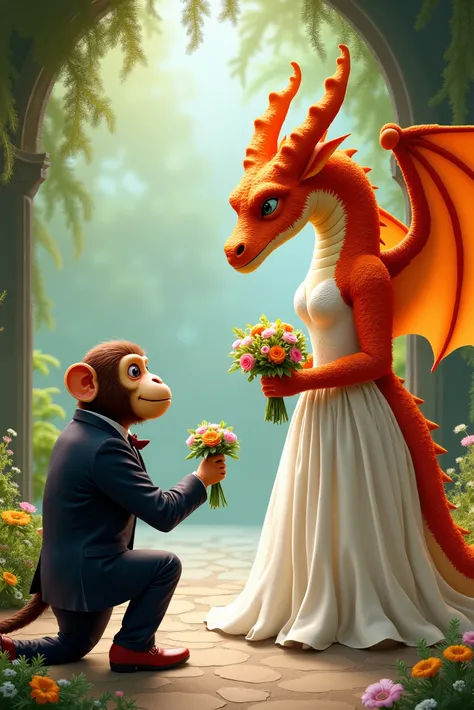 Monkey in suit, mobile bouquet, kneeling, asking for orange dragon in wedding dress