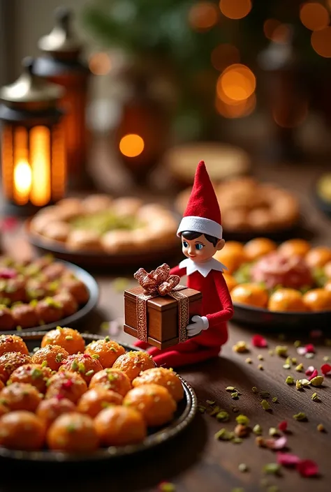 "A beautifully decorated wooden table with small lanterns casting a warm glow. Exquisite trays of Middle Eastern sweets—baklava,...