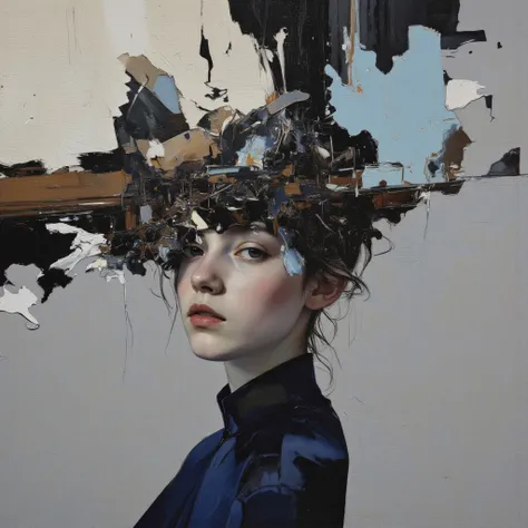 An abstract and conceptual portrait of a girl, oil painting, head and shoulders pose, with warbly noise applied to the upper hal...