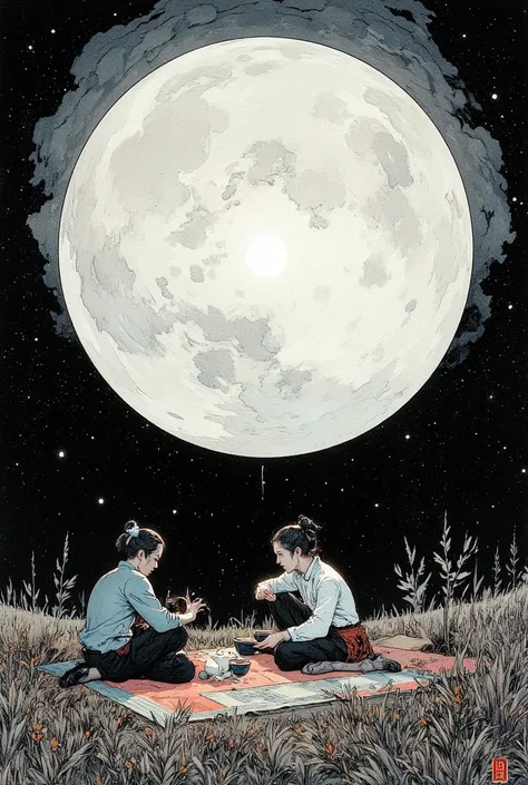 Night of a huge full moon , 1 tatami mat is placed on the prairie , 2 tea people hold a tea  , A huge full moon that shines whit...