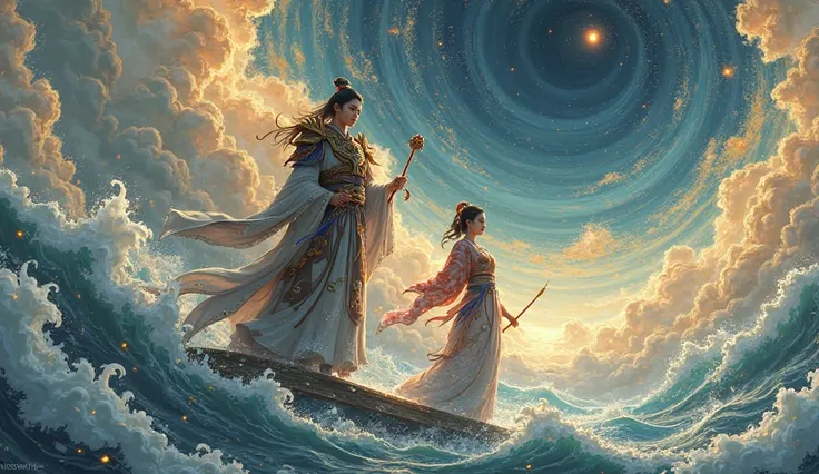A divine scene from Japanese mythology featuring Izanagi and Izanami, the primordial deities, standing together on the Floating ...