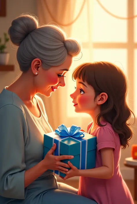 Draw me a picture of a girl giving her grandmother a blue gift , On a day of celebration like his birthday and that he cries wit...