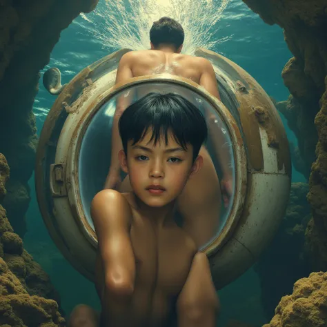 using the previously created characters as a reference, Make a remote shot of a boy with black hair and honey-colored eyes, with...