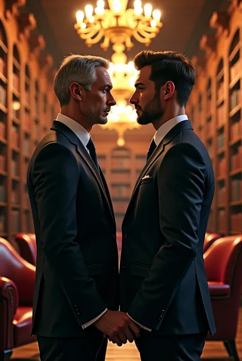 50-year-old mature gay man dressed in a suit is reconciled with his handsome 30-year-old boyfriend in the castle library