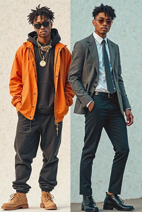 A collage of just 2 photos from the first photo wearing rapper style clothing . And the other photo wearing formal clothing . 