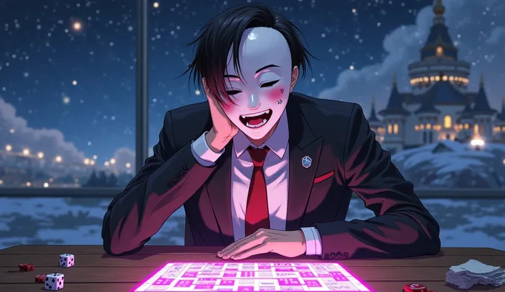 The anime illustration is bright and rich, A man with short black hair, is wearing a snowman mask on half his face, and the lowe...