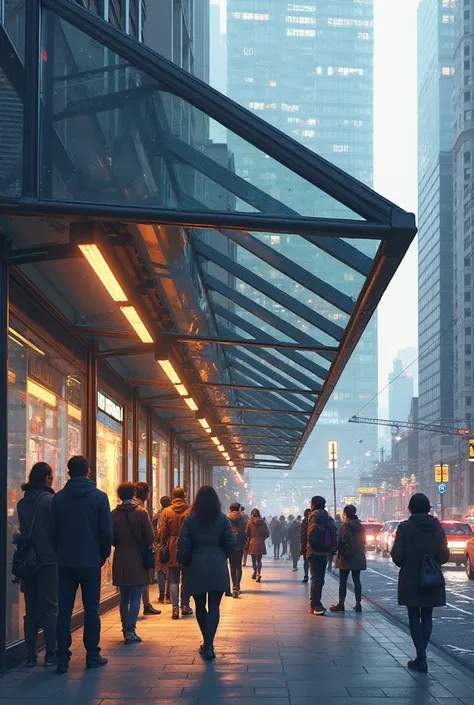 bus stop with overhanging metal platforms 
