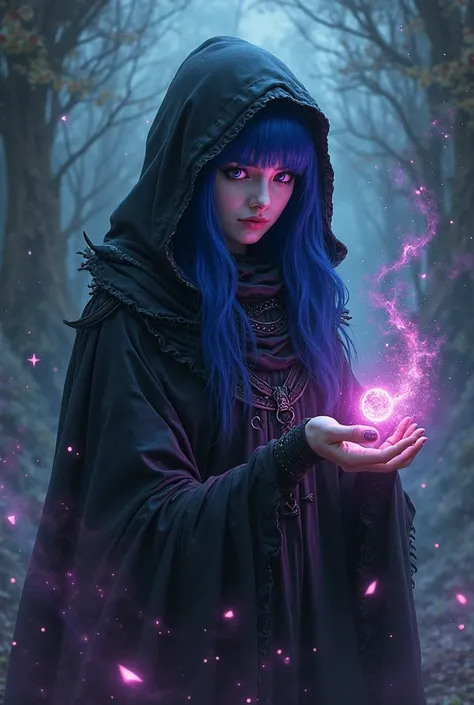 Mroczna postać kobiety w czarnym kapturze, right eye obscured by hair, left eye pink,  blue hair, mag, czarodziejka, wokół kobie...