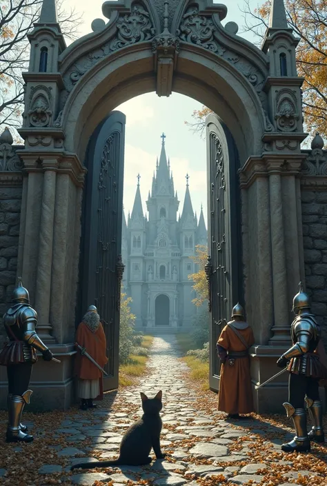 The magnificent entrance gate says RM-PAIN, in front of it there is an armored knight kneeling soldiers and a cat. a magnificent...