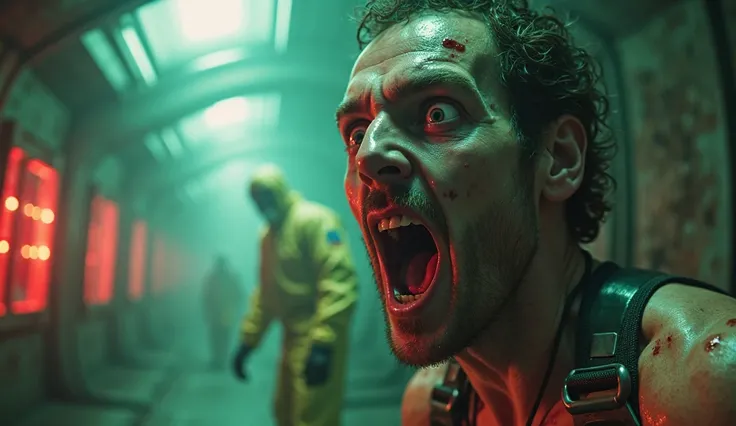 "A close-up of a test subject's face inside a high-tech laboratory containment chamber. His eyes snap open wide, pupils dilated ...