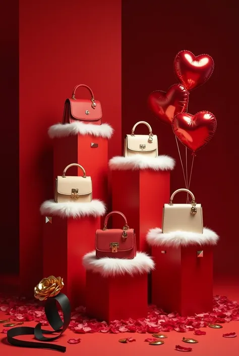 Make me a showcase of a shop. The theme is for valentine and there valentine limited editions hand bags for women. The backgroun...