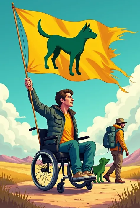 drawing of a person in a wheelchair with a yellow flag with a green dog on the flag accompanied by a ager with a backpack