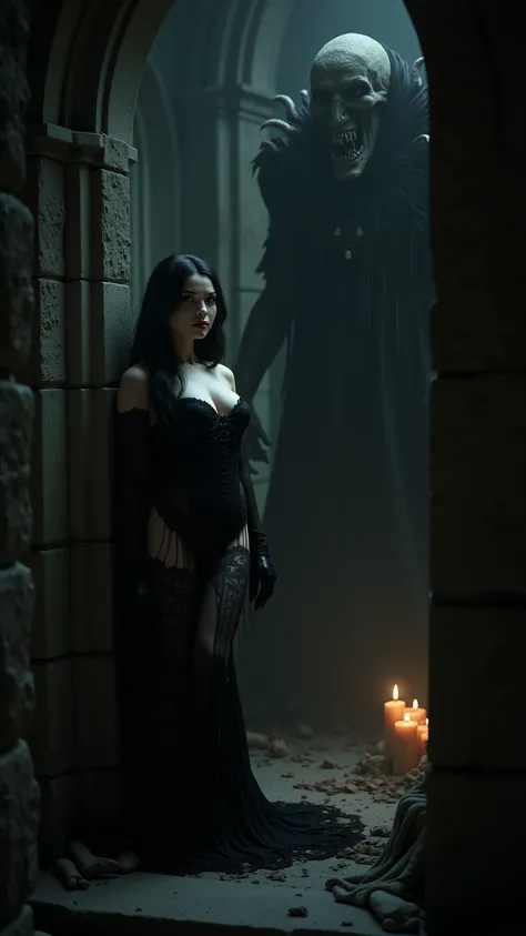 photo, gothic girl with big breasts stands sideways on the floor with a monster, inside a dark gothic castle.