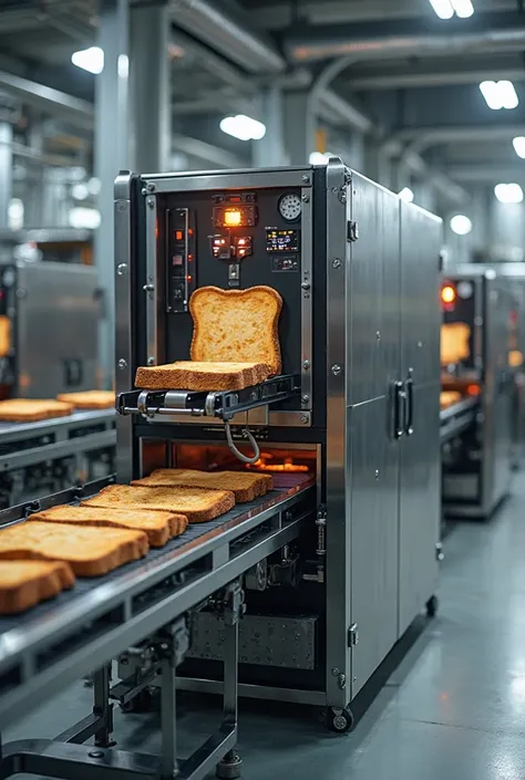 Give me an image of a machine that uses sensors to detect the color and thickness of toast in the industry 