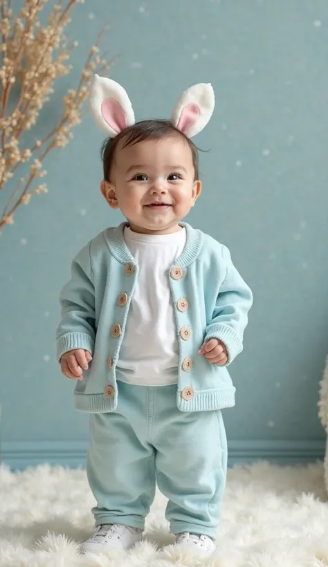 A cute happy baby standing facing forward with light blue pants with white details,  simple white blouse , light blue open coat ...