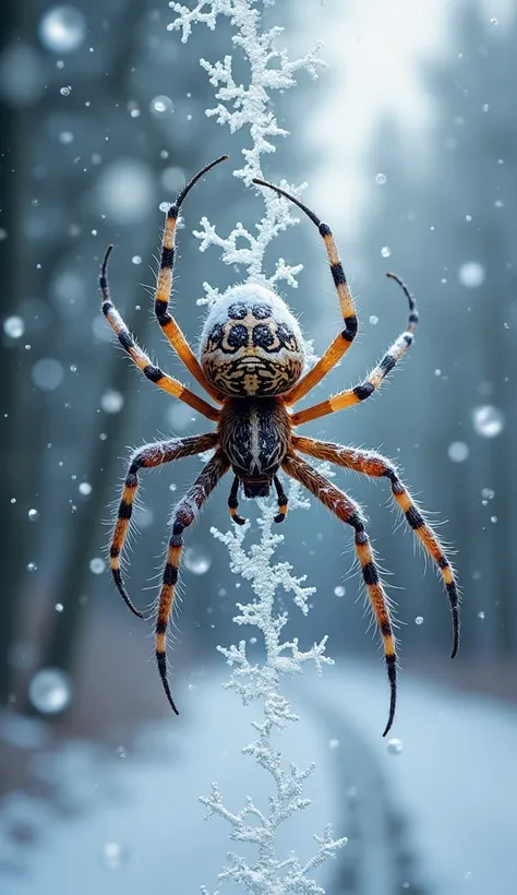 "A dynamic image combining snowflakes and spiders falling together. The background is a mix of wintery landscapes with surreal s...