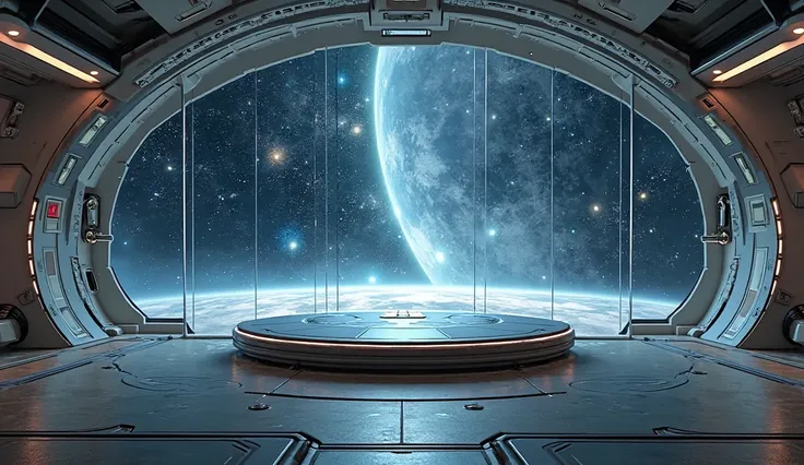 Inside the spaceship, there is a platform in the center. The background is a glass that shows the galaxy. Sci-fi.