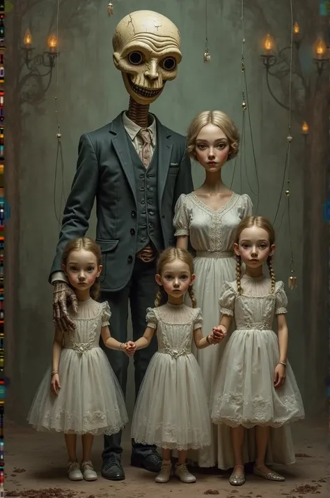 Daddy puppet, mother, 3 daughters