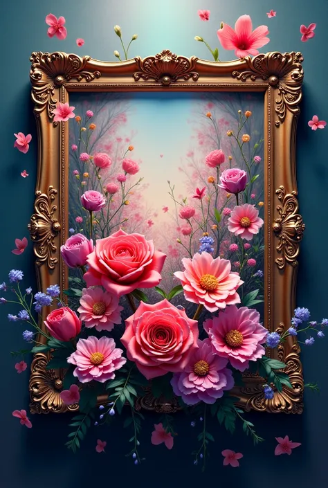 picture with flowers in a frame.  some colors seem to come out of the picture 