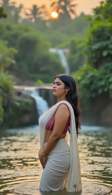 young thick indrani haldar with mature saggy breasts, a thin wet white saree wrapped around her body, bathing in a beautiful wat...