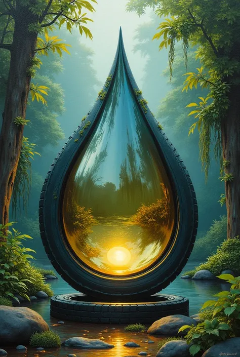 Name “ERITAS”,Oil droplet with tire and background vegetation and water