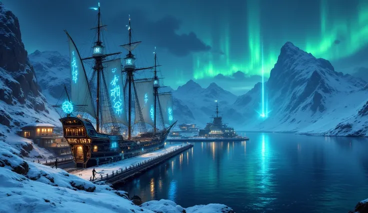 "A massive futuristic port of the Thunderbringers, built on the edge of a frozen fjord. The port is filled with futuristic longs...