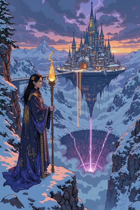 A high-resolution digital painting of a powerful female wizard standing at the edge of a snowy mountain, gazing upon a magnifice...