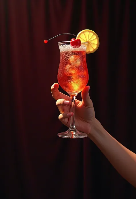 "Imagine an elegant hand,  with an impeccable manicure , holding a shiny cocktail glass. The glass is filled with a colorful coc...
