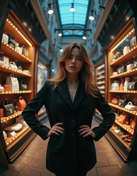 Woman 38 years old, Stands in the glow of a spotlight from above, mysterious pose, fisheye, STANDS IN A SHOWCASE WITH MANY LUXUR...