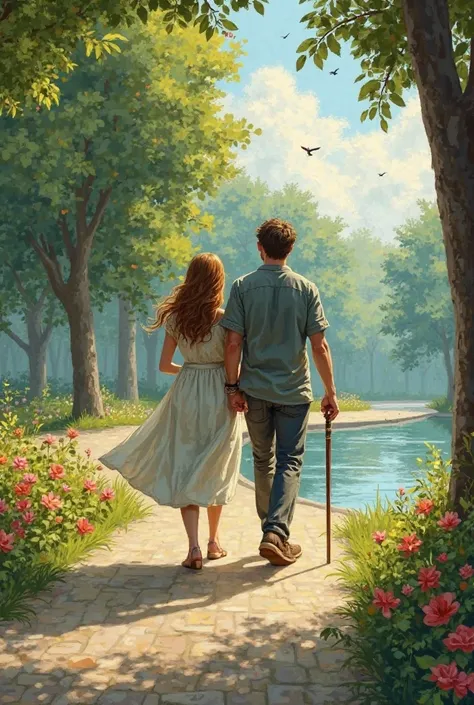 A blind woman walking 'with cane and has long hair ,  clutches the hand of a tall and handsome man in love  walking in a park
