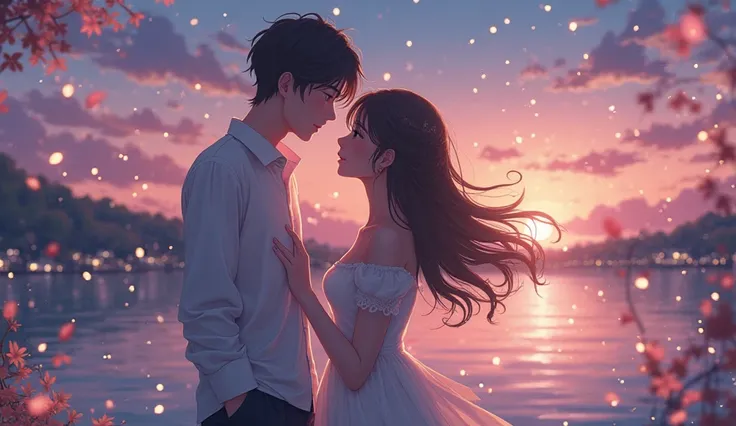 "A romantic anime-style scene featuring a young couple in a dreamy, soft-lit setting. The background is a breathtaking landscape...