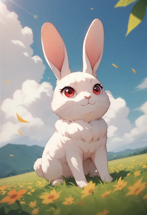 Masterpiece, highest quality, accurate depiction.
Manga style, anime coloring.
Animal, rabbit, white, red eyes, solo.
Summer, fi...