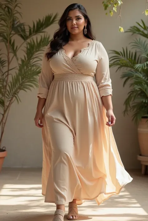 Long sleeve beige dress for chubby women