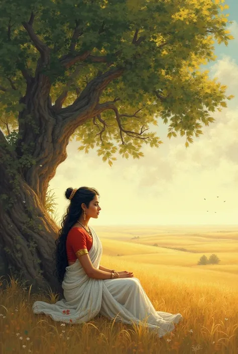Sita is sitting under the tree wearing a white saree and red blouse, surrounded by golden land on the other four sides.
