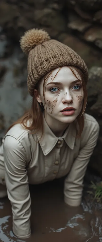 extremely detailed pale woman head in mud pit in collar only down jacket,victim , mud pit, drowned below mud pit,    fashion pho...