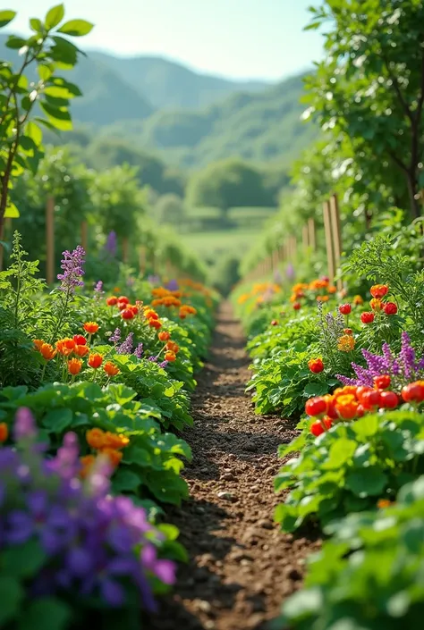 Vegetable garden with flowers,without a path