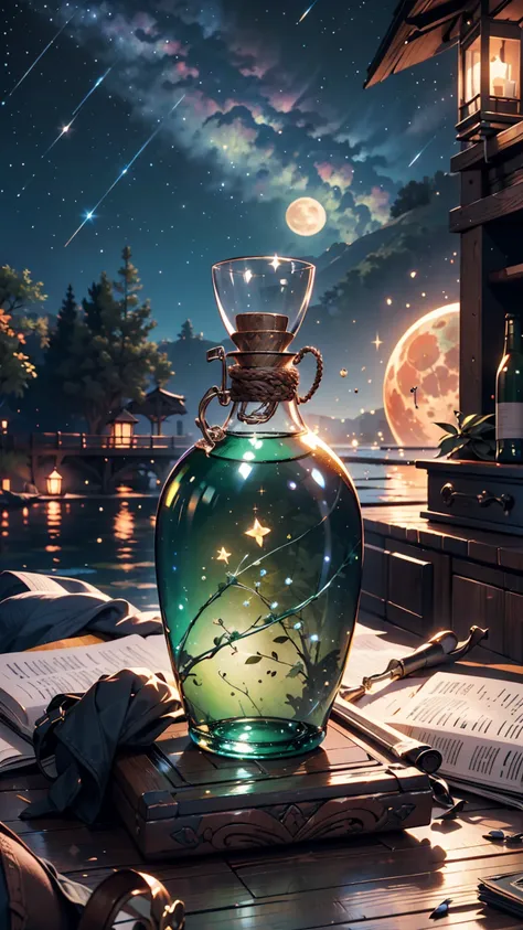  A giant bottle with a majestic lake ,  high quality and highly detailed scene , octane rendering, starry sky , dream , Giant gr...